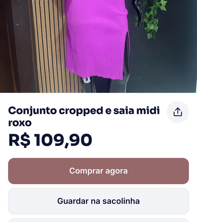 Botões Comprar agora, Guardar na sacolinha e Perguntar no WhatsApp na página da peça